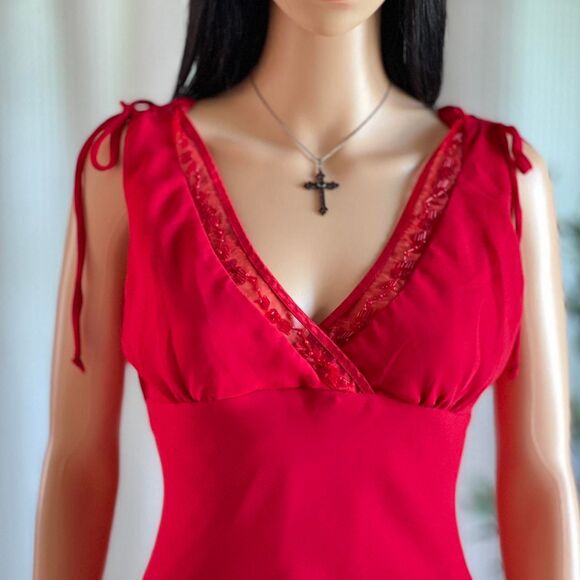 Vintage Y2K Breakin’ Loose Red Midi Slip Dress‎ Beaded Trim Made in USA Size 5/6 - Picture 3 of 8